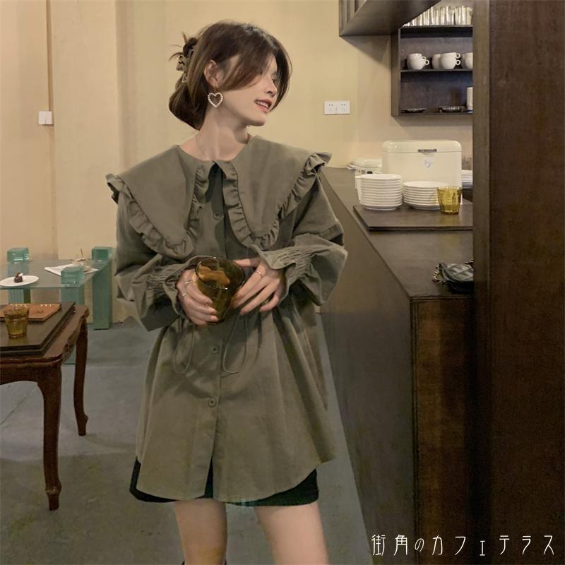 ブラウス オフィス 長袖 レディース 秋服 秋コーデ ゆったり ふんわり袖 ウエストシェイプ フリル 大きめ 全2色 グリーン カーキ L-4XL 大きいサイズ machicafe-10025669 街角のカフェテラス 楽天市場店 サンプル画像2