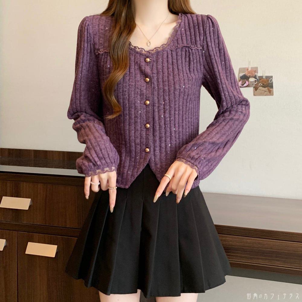 レディース トップス ニット カーディガン カーデ 体型カバー 防寒 シンプル カジュアル きれいめ 大人かわいい こなれ感 スタイルアップ クルーネック パープル 紫 長袖 20代 30代 40代 通勤 通学 オフィス お出掛け 女子会 お呼ばれ 秋冬