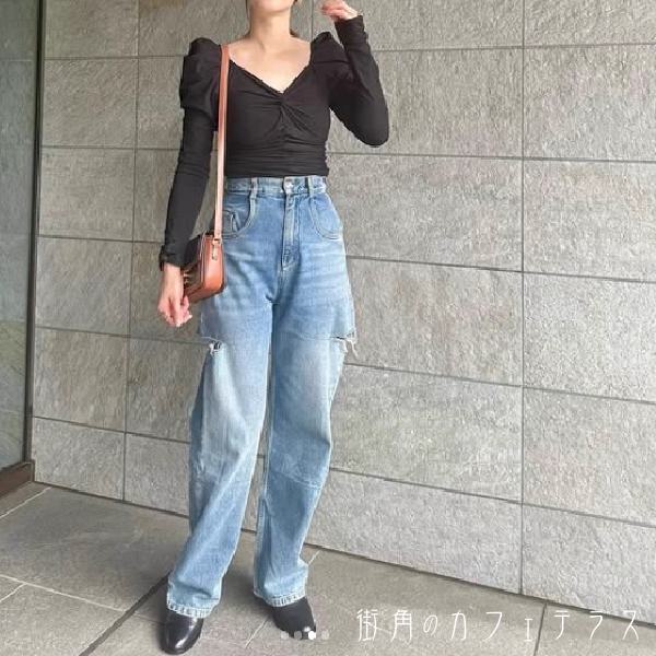 Cropped Pants - デニムパンツ フレア Aライン ボトム ロング 薄手生地 かわいい シンプル カジュアル 大人 おしゃれ お洒落 ラフ コンサバ 着痩せ レディライク 無地 夏 30代 40代 レディース 女性用 デート お出かけ 休日 着回し 普段使い ファッション コーデ スタイル
