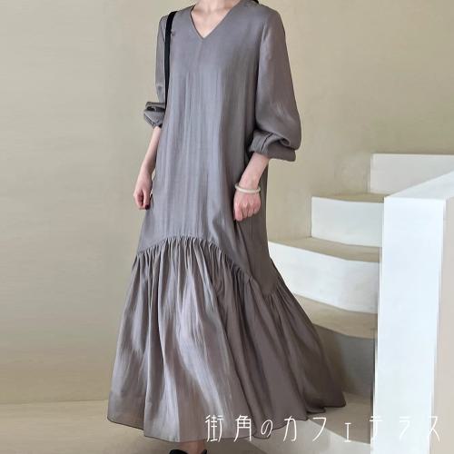 樂天商城 - ロングワンピ 2色 マキシ 大きい ゆったり オーバーサイズ 長袖 Vネック Aライン フレア プルオーバー 縫い目 ステッチ 薄手生地 可愛い 大人可愛い シンプル カジュアル コンサバ おしゃれ レトロ 無地 夏 レディース 女性用 20代 30代 40代 デート お出かけ