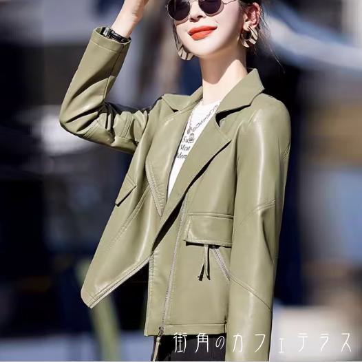 ジャケット 4色 アウター 羽織り ショート 長袖 Vネック 襟付き フレア Aライン ベージュ ブラック ブラウン 大人カラー レザー かわいい 大人可愛い 綺麗 シンプル カジュアル 大人 上品 おしゃれ お洒落 大人女子 こなれ感 コンサバ 無地 秋 冬 女性のサムネイル