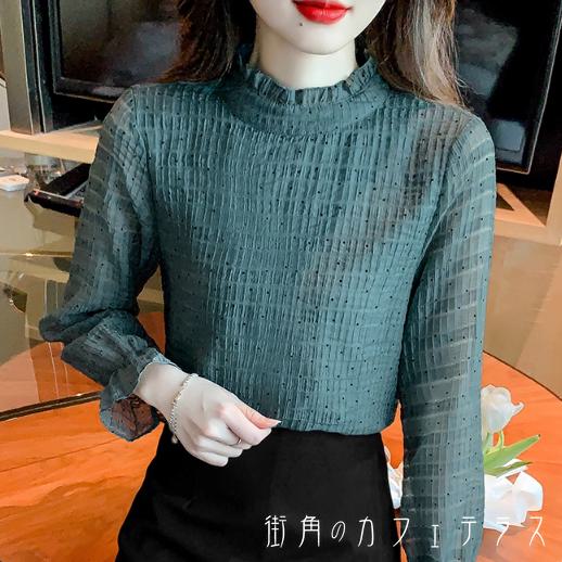 樂天商城 - ブラウス 20代 30代 40代 女性用 レディース トップス 長袖 クルーネック Aライン フレア プルオーバー フリル 異素材切り替え ドッキング 透け感 シースルー 薄手生地 無地 かわいい 大人可愛い 大人女子 こなれ感 シンプル カジュアル 大人 上品 おしゃれ