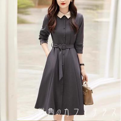 樂天商城 - ロングワンピ ミモレ 長袖 Vネック 襟付き Aライン フレア プルオーバー ファスナー ボタン ベルト エレガント 可愛い 大人可愛い きれいめ シンプル カジュアル シック コンサバ 華やか 大人 上品 おしゃれ お洒落 主役級 こなれ感 高見え 無地 秋 冬 ワンピース