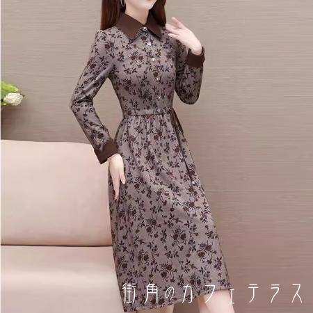 樂天商城 - ロングワンピ ひざ丈 ミモレ 長袖 Vネック 襟付き Aライン フレア フォーマル エレガント 可愛い 大人可愛い きれいめ シンプル カジュアル シック コンサバ 華やか 大人 上品 おしゃれ お洒落 主役級 こなれ感 高見え 花柄 秋 レディース 女性用 20代 30代 ワンピース