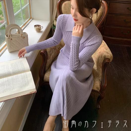 樂天商城 - ロングワンピ 4色 ニットワンピース ひざ丈 ミモレ 大きい 長袖 Vネック 襟付き Aライン フレア プルオーバー ニット エレガント 可愛い 大人可愛い きれいめ シンプル カジュアル コンサバ 華やか 大人 上品 おしゃれ お洒落 主役級 こなれ感 高見え 無地 秋