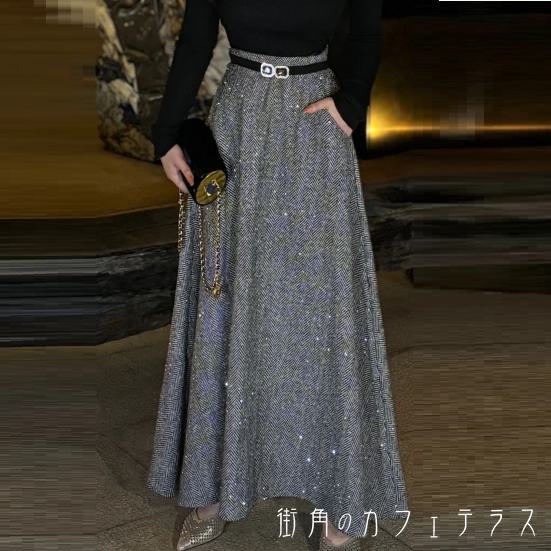 樂天商城 - ロングスカート 冬 アンクル丈 マキシ丈 フレア Aライン ポケット ハイウエスト 薄手 キラキラ かわいい 大人可愛い きれいめ カジュアル 大人 上品 おしゃれ お洒落 こなれ感 コンサバ系 ラフ 抜け感 レディライク 30代 40代 レディース 女性用 ママ服 ラメ