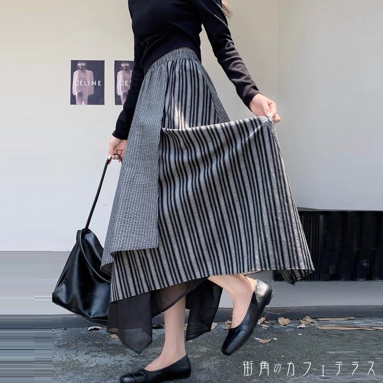 樂天商城 - ロングスカート 2色 秋 冬 アンクル丈 マキシ丈 フレア Aライン 伸縮性 ウエストゴム 重ね着風 レイヤード シフォン生地 異素材 かわいい 大人可愛い カジュアル 大人 おしゃれ お洒落 レトロ こなれ感 ラフ 抜け感 しましま ストライプ 30代 40代 レディース