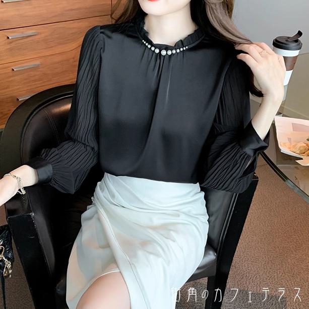 樂天商城 - ブラウス 2色 30代 40代 女性用 レディース トップス 長袖 ハイネック Aライン フレア 薄手生地 無地 かわいい 大人可愛い 大人女子 こなれ感 シンプル カジュアル 大人 上品 おしゃれ お洒落 ラフ コンサバ エレガント シック デート お出かけ お茶会 女子会