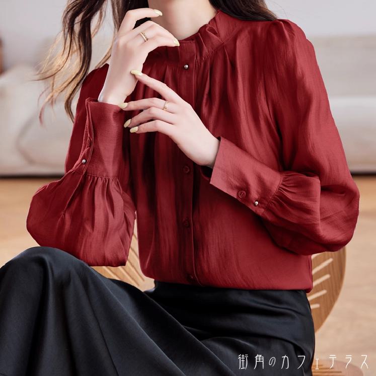 樂天商城 - ブラウス 4色 30代 40代 女性用 レディース トップス ロング丈 長袖 ハイネック Aライン フレア ボタン 薄手生地 無地 かわいい 大人可愛い 大人女子 こなれ感 シンプル カジュアル 大人 上品 おしゃれ お洒落 ラフ コンサバ シック デート お出かけ お茶会