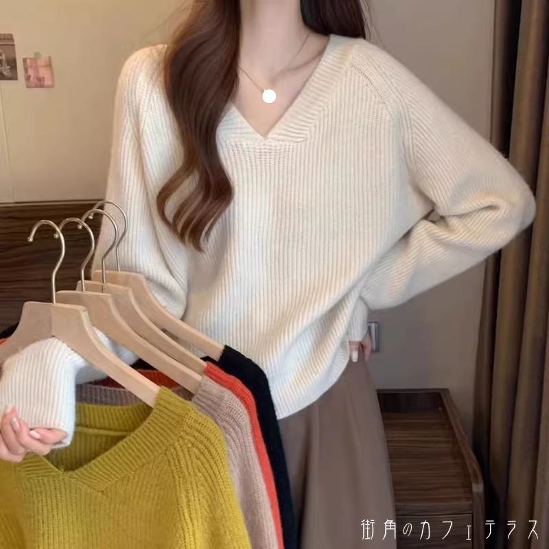 樂天商城 - セーター 5色 リブニット 20代 30代 40代 女性用 レディース ママ トップス ゆったり 長袖 萌え袖 Vネック Aライン フレア プルオーバー ニット 厚手生地 防寒 あったか 温かい 無地 かわいい 大人可愛い 大人女子 こなれ感 シンプル カジュアル 大人 上品