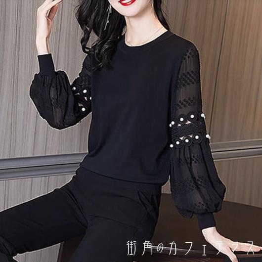 樂天商城 - ブラウス 30代 40代 女性用 レディース トップス ロング丈 長袖 Uネック Aライン フレア プルオーバー パール 装飾 飾り レース 異素材切り替え ドッキング 透け感 シースルー 厚手生地 かわいい 大人可愛い 大人女子 こなれ感 シンプル カジュアル 大人 上品