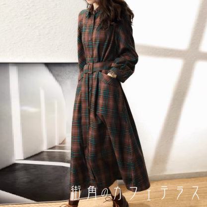 樂天商城 - ロングワンピ ひざ丈 ミモレ 長袖 Vネック 襟付き Aライン フレア プルオーバー ボタン ベルト 可愛い 大人可愛い きれいめ シンプル カジュアル コンサバ 大人 上品 おしゃれ レトロ 主役級 こなれ感 チェック柄 秋 レディース 女性用 ママ 20代 30代 40代
