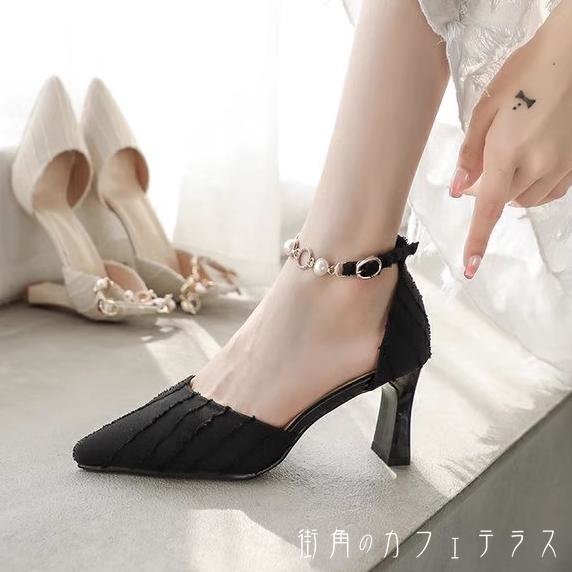 樂天商城 - パンプス 2色 アンクレット 靴 シューズ チャンキーヒール ハイヒール ポインテットゥ バンド 飾り パール ストラップ ストライプ 立体感 個性的 エレガント 可愛い 大人可愛い きれいめ シンプル カジュアル シック コンサバ 華やか 大人 上品 おしゃれ 主役級 こなれ感