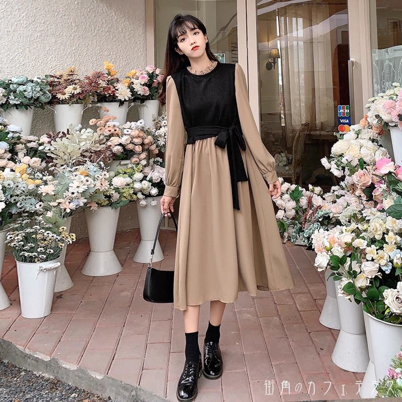 樂天商城 - ロングワンピ 2色 リボン バイカラー 長袖 クルーネック Aライン フレア プルオーバー ドッキング 切り換え 可愛い 大人可愛い シンプル カジュアル コンサバ 華やか 大人 上品 おしゃれ お洒落 レトロ 主役級 こなれ感 フェミニン 無地 秋 レディース 女性用 20代 30代