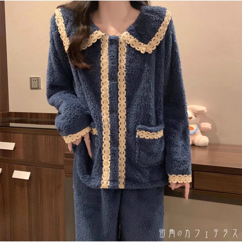 パジャマ 2色 ロング 長袖 Vネック 襟付き Aライン 厚手生地 もこもこ ふわふわ 厚手 あったか 可愛い カジュアル こなれ感 フェミニン ガーリー ラグジュアリー 無地 冬 レディース 女性用 ママ 20代 30代 40代 部屋着 ...