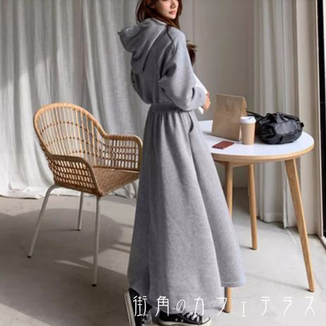 樂天商城 - ロングワンピ 2色 長袖 Aライン フレア プルオーバー ポケット 裏起毛 マキシ ゆったり フード付き パーカー風 厚手生地 ふわふわ 可愛い シンプル カジュアル おしゃれ 無地 冬 レディース 女性用 ママ 20代 30代 40代 デート お出かけ 女子会 お呼ばれ 休日 お茶会