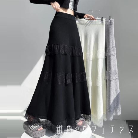 裙子 - ロングスカート 3色 冬 マキシ丈 フレア Aライン 伸縮性 ウエストゴム フィット感 厚手 ニット かわいい 大人可愛い シンプル カジュアル 大人 おしゃれ お洒落 こなれ感 ラフ 抜け感 ガーリー フェミニン 無地 20代 30代 レディース 女性用 ママ服 デート お出かけ お呼ばれ