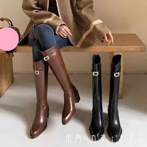 ロングブーツ 2色 革靴 靴 シューズ ローヒール ポインテットゥ バンド バックル 飾り PU レザー 可愛..