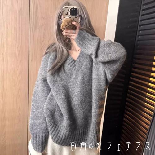 樂天商城 - トップス セーター 30代 40代 女性用 レディース ママ リブニット ロング丈 大きい ゆったり 長袖 Vネック Aライン フレア プルオーバー 厚手生地 防寒 あったか 温かい 無地 かわいい 大人可愛い 大人女子 こなれ感 シンプル カジュアル 大人 上品 おしゃれ お洒落 ラフ