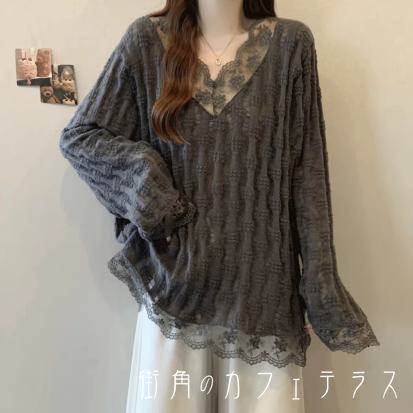 樂天商城 - トップス セーター 2色 リブニット Aライン フレア プルオーバー レース 20代 30代 40代 レディース ママ ロング丈 大きい ゆったり 長袖 萌え袖 Vネック ニット 厚手生地 防寒 あったか 温かい 無地 かわいい 大人可愛い 大人女子 こなれ感 シンプル カジュアル 大人 上品