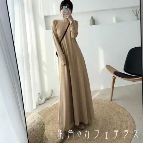 樂天商城 - ロングワンピ 7色 リブニット マキシ ゆったり 長袖 Uネック Aライン フレア プルオーバー 厚手生地 大人可愛い カジュアル おしゃれ こなれ感 無地 冬 レディース 女性用 ママ 30代 40代 デート お出かけ 女子会 お呼ばれ 休日 お茶会 授業参観 着回し 普段使い