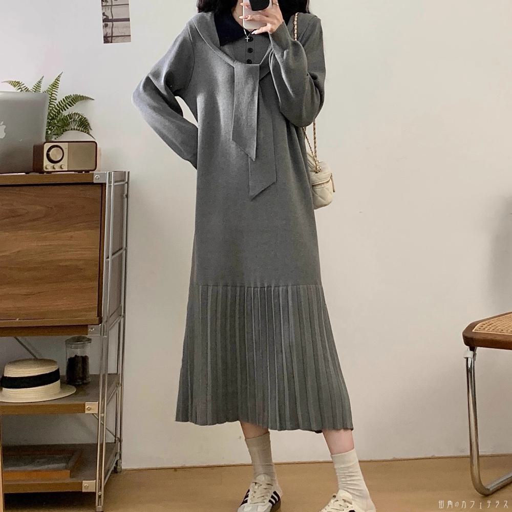 Rakuten - ロングワンピ リブニット マキシ ゆったり 長袖 襟付き Aライン フレア プルオーバー ボタン エレガント 可愛い 大人可愛い きれいめ シンプル カジュアル シック コンサバ 華やか 大人 上品 おしゃれ お洒落 主役級 こなれ感 高見え 無地 冬 レディース 女性用 ママ 20代