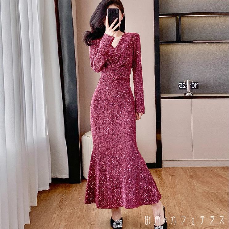 樂天商城 - ロングドレス 2色 マキシ Aライン フレア 長袖 Vネック エレガント 可愛い 大人可愛い きれいめ シンプル カジュアル シック コンサバ 華やか 大人 上品 おしゃれ お洒落 主役級 こなれ感 高見え 秋 冬 30代 40代 レディース 女性用 ママ お出かけ 女子会 お呼ばれ 結婚式