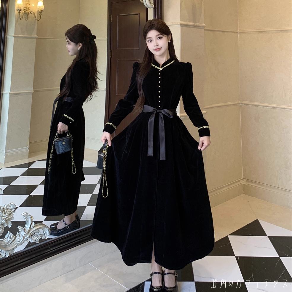 樂天商城 - ロングドレス マキシ Aライン フレア 長袖 リボン ボタン エレガント 可愛い 大人可愛い きれいめ シンプル カジュアル シック コンサバ 華やか 大人 上品 おしゃれ お洒落 レトロ 主役級 こなれ感 高見え 無地 冬 30代 40代 レディース 女性用 ママ お呼ばれ 結婚式 二次会