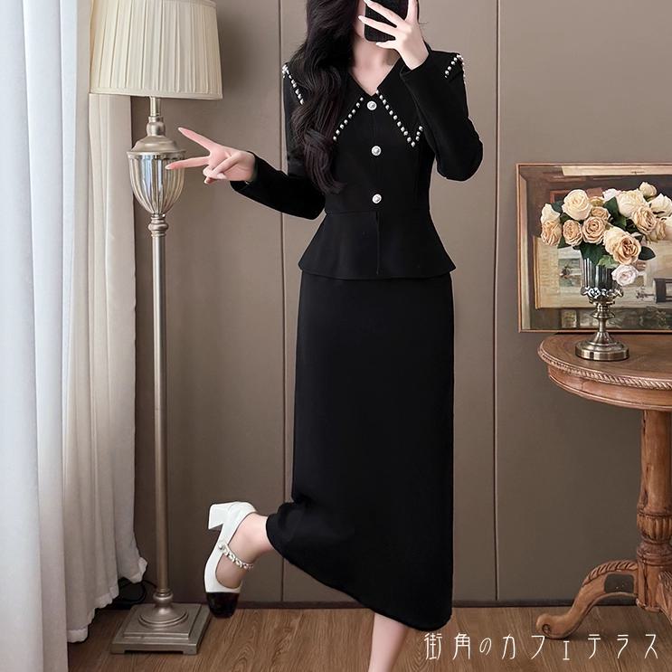 樂天商城 - ロングドレス Aライン フレア プルオーバー 長袖 Vネック 襟付き パール 飾り 装飾 ボタン エレガント 可愛い 大人可愛い きれいめ シンプル カジュアル シック コンサバ 華やか 大人 上品 おしゃれ お洒落 主役級 こなれ感 高見え 高級感 無地 秋 冬 30代 40代 レディース