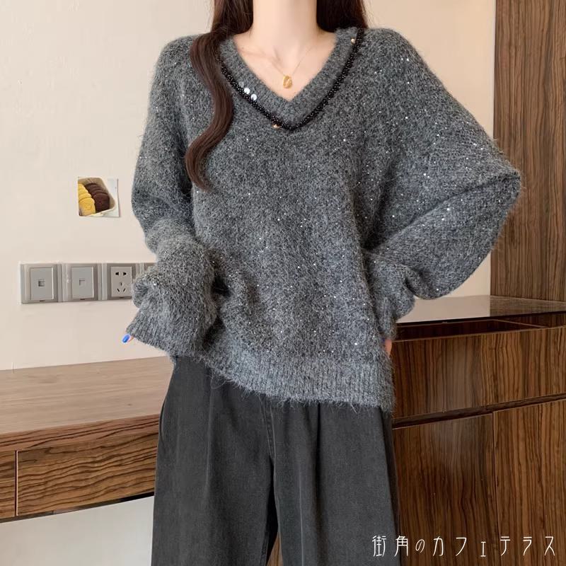 樂天商城 - セーター カットソー リブニット 30代 40代 女性用 レディース ママ ロング丈 ゆったり 長袖 Vネック Aライン フレア プルオーバー キラキラ 装飾 スパンコール ラメ ニット 厚手生地 防寒 あったか 温かい 無地 かわいい 大人可愛い 大人女子 こなれ感 シンプル カジュアル