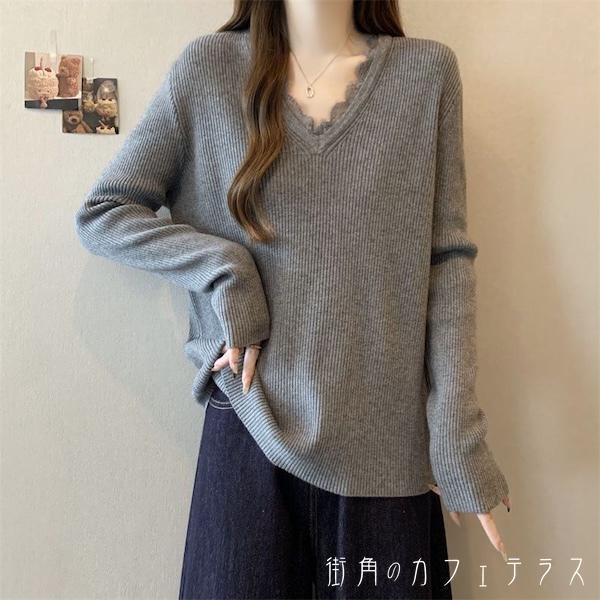 樂天商城 - レディース トップス カットソー Vネック リブ スタイルアップ ’レース こなれ感 シンプル カジュアル 体型カバー 重ね着 ベーシック ヘビロテ 着回し 長袖 グレー ブラック 20代 30代 40代 通勤 通学 オフィス お出掛け 女子会 お呼ばれ 秋冬