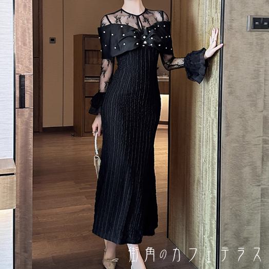 樂天商城 - ロングドレス 衣装 マキシ Iライン 長袖 フレア袖 フレアスリーブ クルーネック レース 透け感 エレガント 可愛い 大人可愛い きれいめ シンプル カジュアル シック コンサバ 華やか 大人 上品 おしゃれ お洒落 主役級 こなれ感 高見え 花柄 ストライプ 装飾 オールシーズン