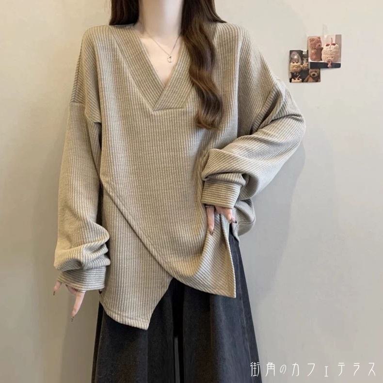 樂天商城 - レディース トップス Vネック ゆったり アシンメトリー 体型カバー シンプル カジュアル リラックス こなれ感 カシュクール風 大人かわいい 長袖 カーキ グレー ダークグレー 20代 30代 40代 通勤 通学 オフィス お出掛け 女子会 お呼ばれ 秋冬
