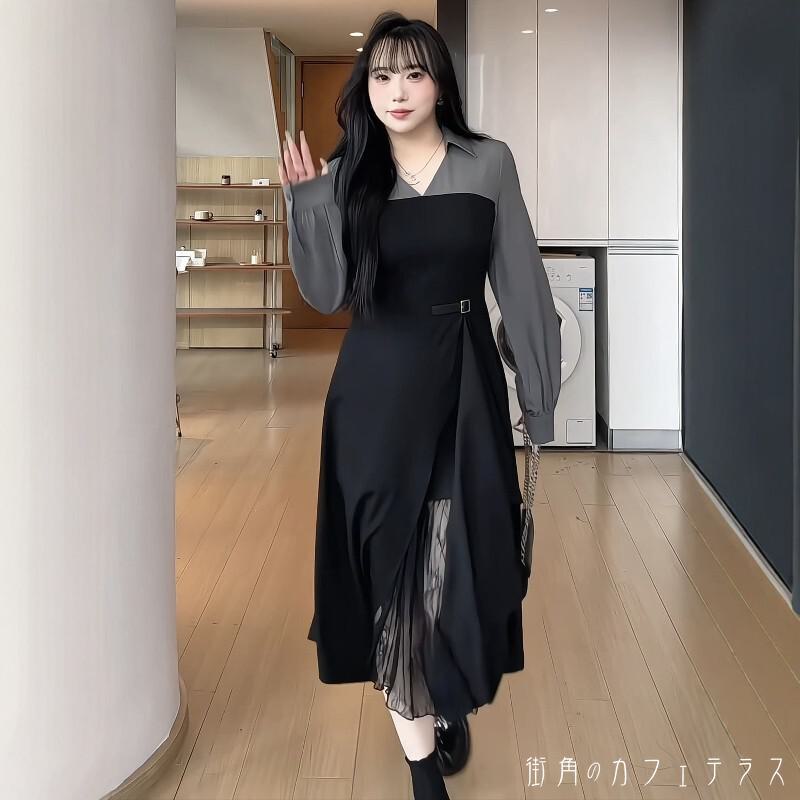 樂天商城 - レディース ワンピース Vネック Aライン スリット ドッキング アシンメトリー 素材組み合わせ カラーブロック レース ロング丈 マキシ丈 モノトーン シンプル きれいめ 大人かわいい 抜け感 スタイルアップ 体型カバー 長袖 グレー ブラック 20代 30代 40代 通勤 通学