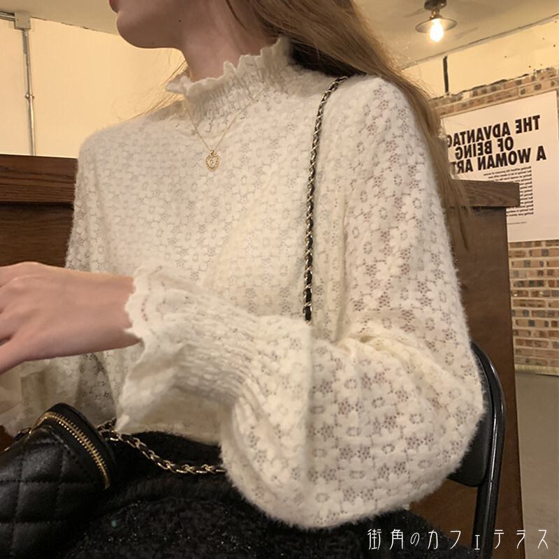 樂天商城 - レディース トップス カットソー スタンドカラー ハイネック レース 透け感 こなれ感 体型カバー シンプル カジュアル きれいめ 大人かわいい キュート レトロ フラワー ボタニカル 長袖 アイボリー ブラック 20代 30代 40代 通勤 通学 オフィス お出掛け 女子会 お呼ばれ