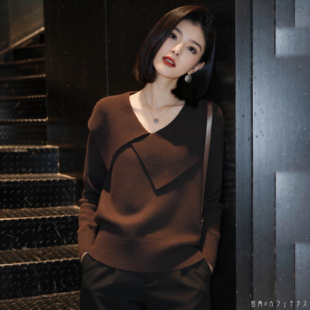 レディース トップス ニット Vネック アシンメトリー こなれ感 シンプル カジュアル きれいめ 大人かわいい 体型カバー キュート レトロ スタイルアップ 二の腕カバー 長袖 ブラウン 20代 30代 40代 通勤 通学 オフィス お出掛け 女子会 お呼ばれ 秋冬