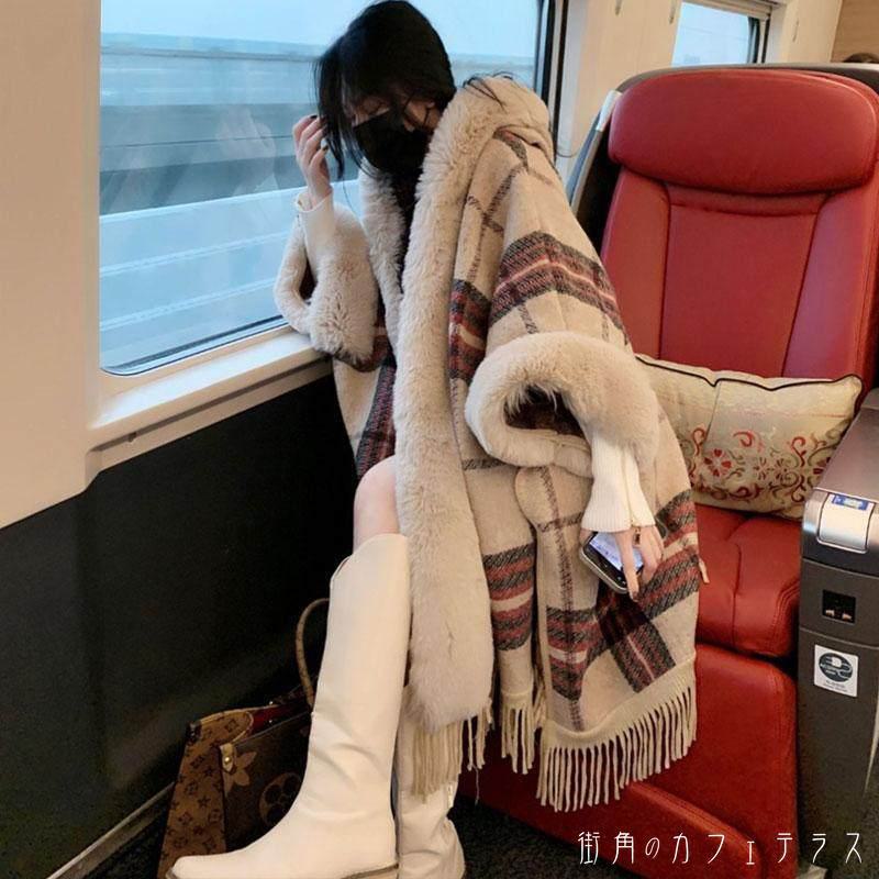 Other - レディース アウター 羽織り 防寒 コート ハーフ丈 ゆったり 体型カバー キュート シンプル カジュアル きれいめ フード ふわふわ ファー こなれ感 大人可愛い モコモコ 長袖 チェック 無地 20代 30代 40代 通勤 通学 オフィス お出掛け 女子会 お呼ばれ 秋冬