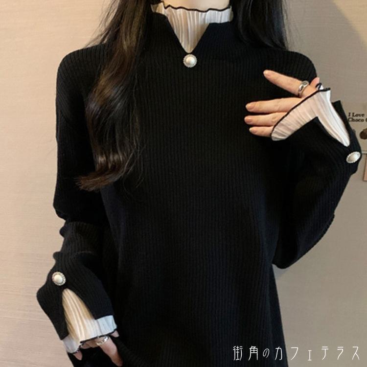 樂天商城 - レディース トップス クルーネック ニット レース 透け感 ドッキング スタンドカラー モノトーン フェイクレイヤード 重ね着風 シンプル カジュアル きれいめ 大人かわいい 抜け感 長袖 ブラック 20代 30代 40代 通勤 通学 オフィス お出掛け 女子会 お呼ばれ 秋冬