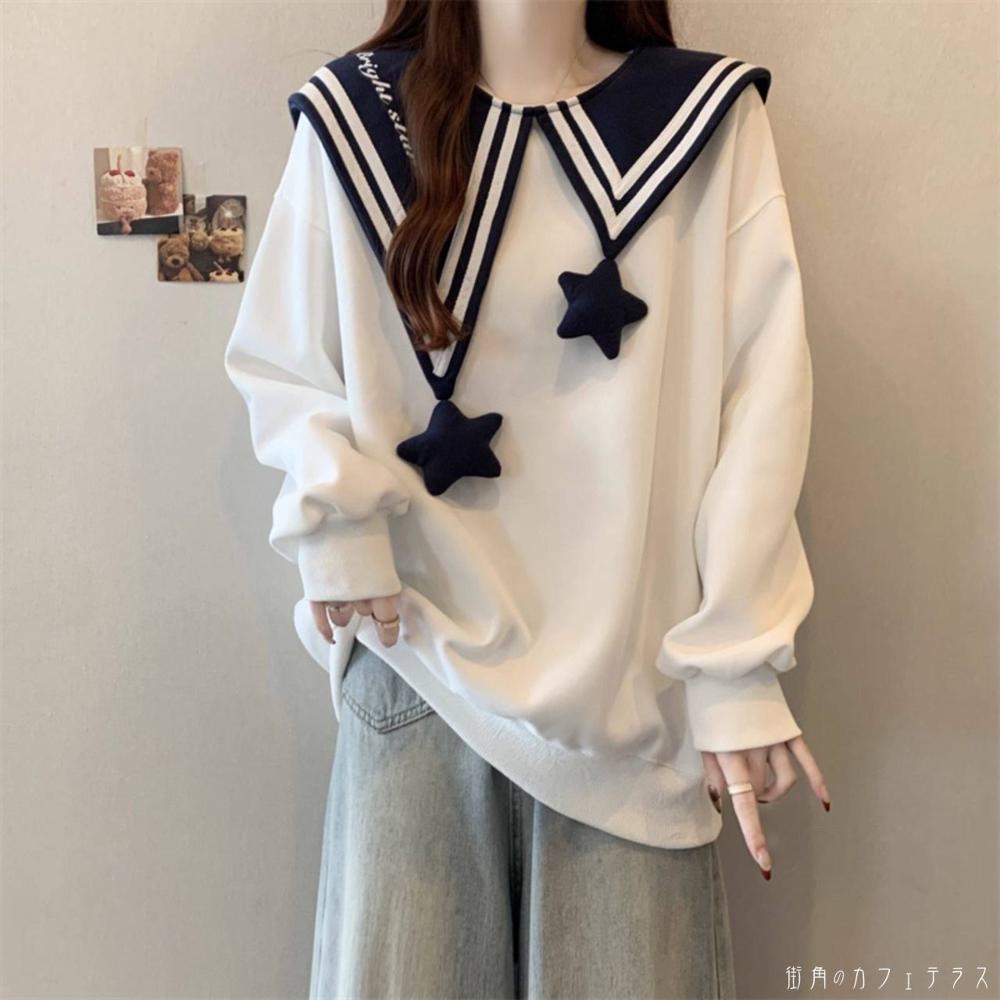 樂天商城 - レディース トップス カットソー クルーネック カラー切り替え カラーブロック セーラーカラー バックプリント シンプル カジュアル 大人かわいい 学生風 キュート 体型カバー スタイルアップ 二の腕カバー 長袖 ホワイト ネイビー 20代 30代 40代 通勤 通学 オフィス