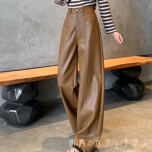 樂天商城 - ワイドパンツ 2色 レザー フレア Aライン ロング ポケット 裏起毛 厚手生地 防寒 あったか 暖かい 30代 40代 レディース 女性用 ママ デート お出かけ 女子会 お呼ばれ 休日 お茶会 授業参観 着回し 普段使い ファッション コーデ スタイル 楽ちん 体型カバー デイリーユース