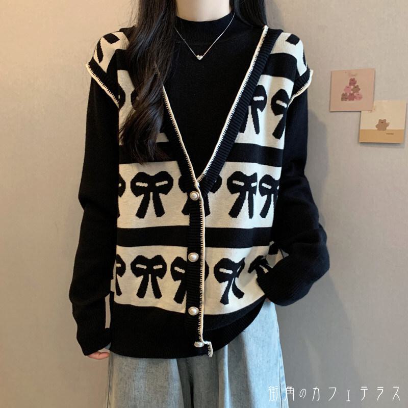 樂天商城 - レディース トップス ニット モノトーン タートルネック フェイクレイヤード 重ね着風 シンプル カジュアル きれいめ 大人かわいい リボン 体型カバー 二の腕カバー スタイルアップ こなれ感 抜け感 キュート 長袖 ブラック 20代 30代 40代 通勤 通学 オフィス お出掛け