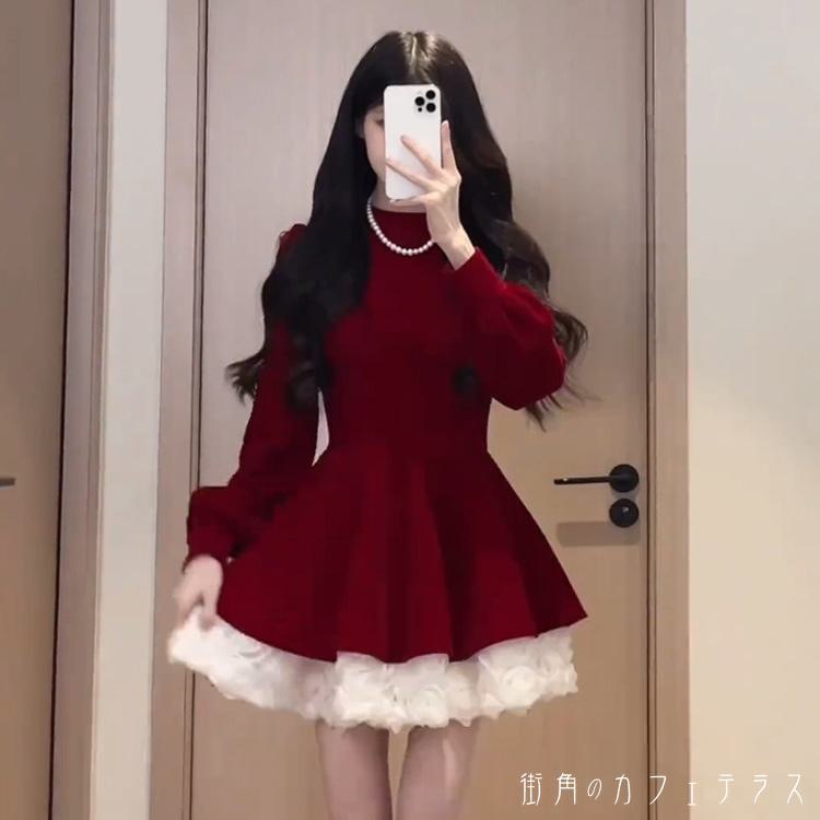 樂天商城 - レディース ワンピース Aライン クルーネックミニ丈 ショート丈 ミドル丈 ミディアム丈 ミモレ丈 ロング丈 マキシ丈 シンプル きれいめ 大人かわいい キュート レトロ こなれ感 体型カバー 二の腕カバー スタイルアップ カラー切り替え ドッキング レース スウィート 長袖