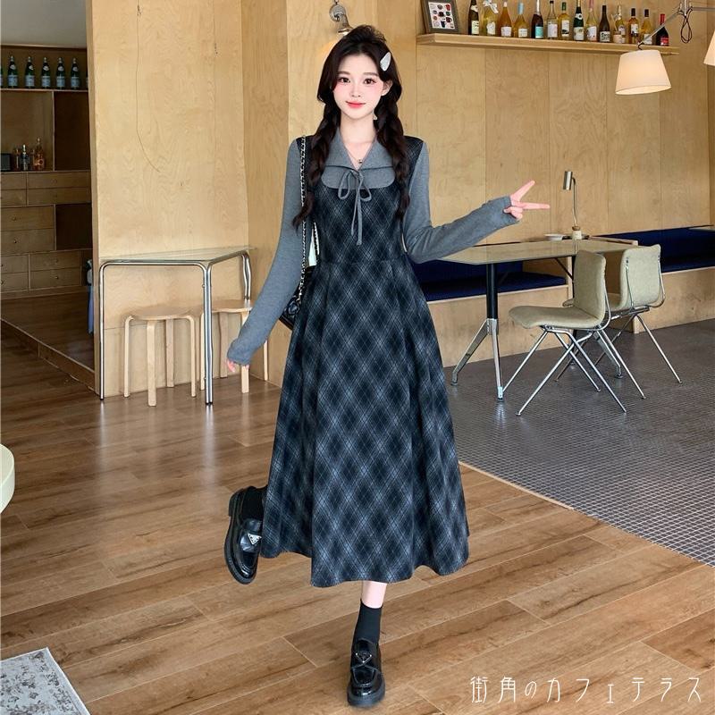 樂天商城 - レディース ワンピース Aライン Vネック ミドル丈 ミディアム丈 ミモレ丈 ロング丈 カラー切り替え カラーブロック フェイクレイヤード 重ね着風 チェック ドッキング シンプル きれいめ 大人かわいい キュート レトロ こなれ感 体型カバー 二の腕カバー スタイルアップ 半袖