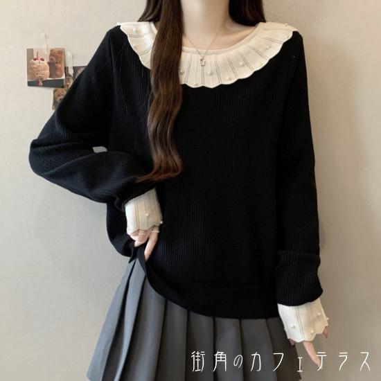 樂天商城 - セーター リブニット 30代 40代 女性用 レディース ゆったり 長袖 Vネック Aライン フレア プルオーバー 装飾 パール 襟 厚手生地 防寒 あったか 温かい 無地 かわいい 大人可愛い 大人女子 こなれ感 シンプル カジュアル 大人 上品 おしゃれ お洒落 ラフ コンサバ