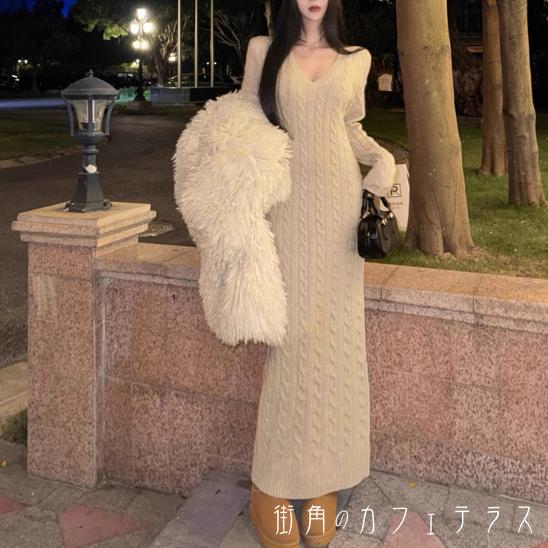 樂天商城 - ロングワンピ 3色 ニットワンピース リブニット マキシ ゆったり 長袖 Vネック Aライン フレア プルオーバー ケーブルニット風 厚手生地 可愛い 大人可愛い シンプル カジュアル コンサバ おしゃれ 主役級 こなれ感 高見え 冬 レディース 女性用 ママ 30代 40代 デート
