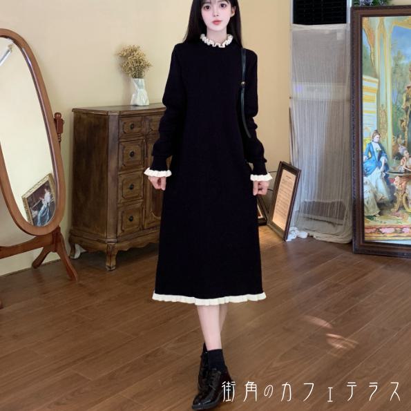 樂天商城 - ロングワンピ ひざ丈 ミモレ 長袖 ハイネック Aライン フレア プルオーバー フリル バイカラー 厚手生地 ニット 可愛い 大人可愛い きれいめ シンプル カジュアル シック コンサバ 華やか 大人 上品 おしゃれ お洒落 こなれ感 高見え 高級感 フェミニン ガーリー 無地 冬
