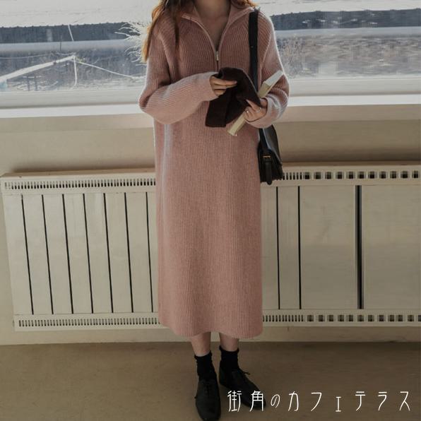 樂天商城 - ロングワンピ 4色 ニットワンピース リブニット マキシ ゆったり 長袖 Vネック 襟付き Aライン フレア プルオーバー 厚手生地 伸縮性 ニット 可愛い 大人可愛い シンプル カジュアル コンサバ 華やか 大人 上品 おしゃれ お洒落 主役級 こなれ感 高見え 無地 冬 レディース