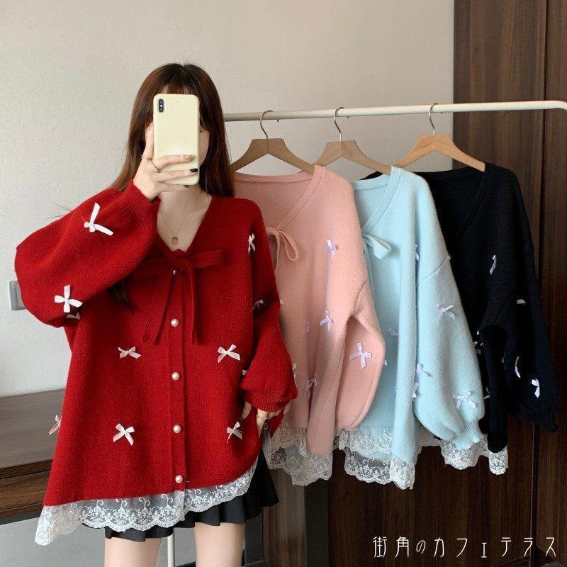 樂天商城 - レディース トップス ニット カーディガン クルーネック リボン レース フェイクレイヤード 重ね着風 カラー切り替え カラーブロック 素材組み合わせ 長袖 ピンク レッド ブルー ブラック 20代 30代 40代 通勤 通学 オフィス お出掛け 女子会 お呼ばれ 秋冬