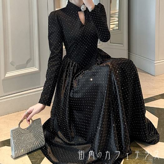 樂天商城 - ロングドレス 衣装 マキシ Aライン フレア 長袖 ハイネック キラキラ 飾り 装飾 エレガント 可愛い 大人可愛い きれいめ シンプル カジュアル シック コンサバ 華やか 大人 上品 おしゃれ お洒落 主役級 こなれ感 高見え 高級感 冬 30代 40代 レディース 女性用 ママ