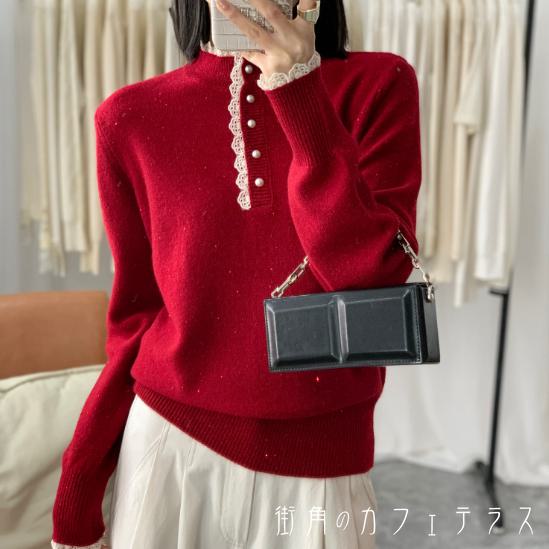 樂天商城 - セーター 2色 30代 40代 女性用 レディース ママ ゆったり 長袖 クルーネック Aライン フレア プルオーバー ボタン キラキラ ラメ フリル 厚手生地 ふわふわ あったか 無地 かわいい 大人可愛い 大人女子 こなれ感 シンプル カジュアル 大人 上品 おしゃれ お洒落 ラフ